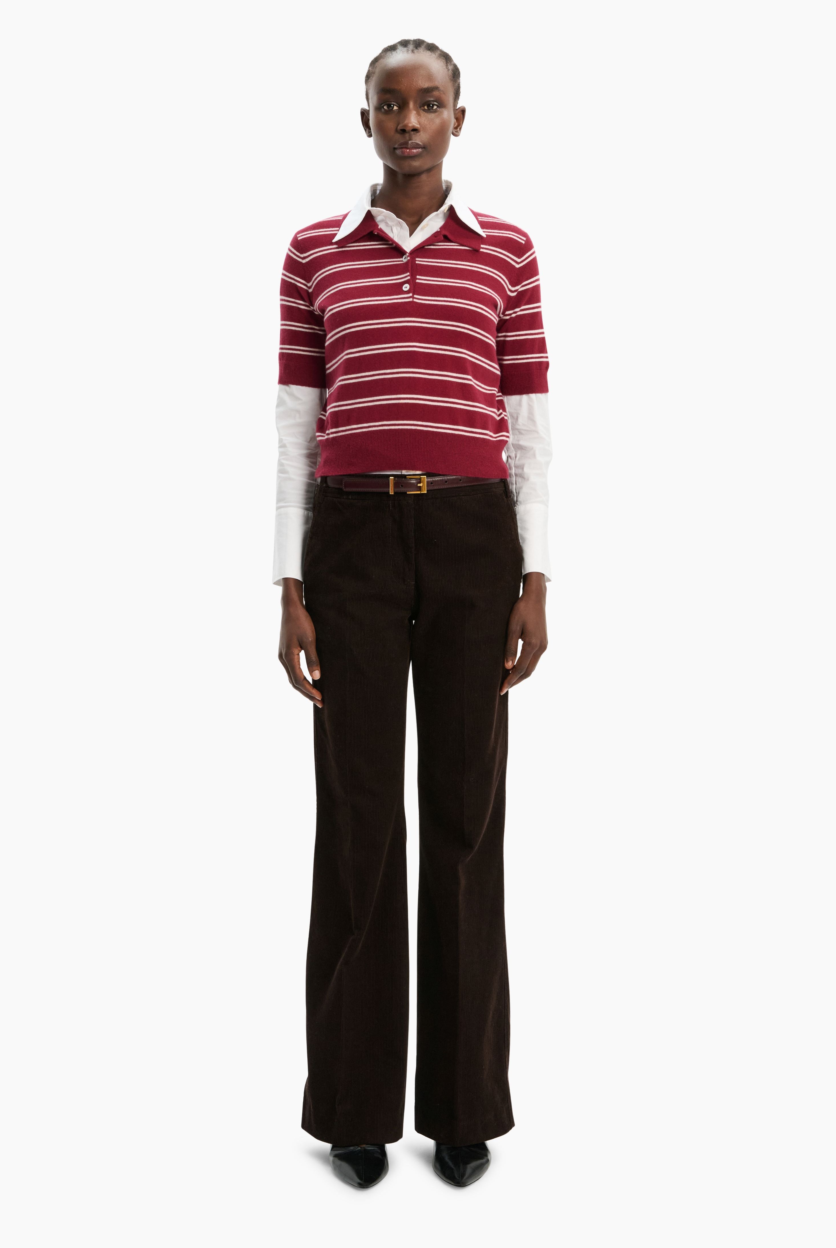 Octavia Polo cashmere Shirt - Maroon Stripes – front view