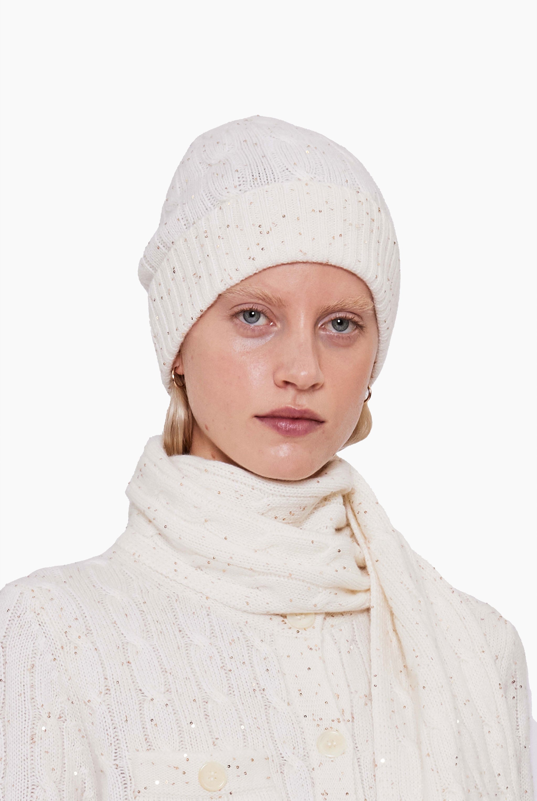Ogden cashmere Hat - Ivory with Gold Sequins – front view