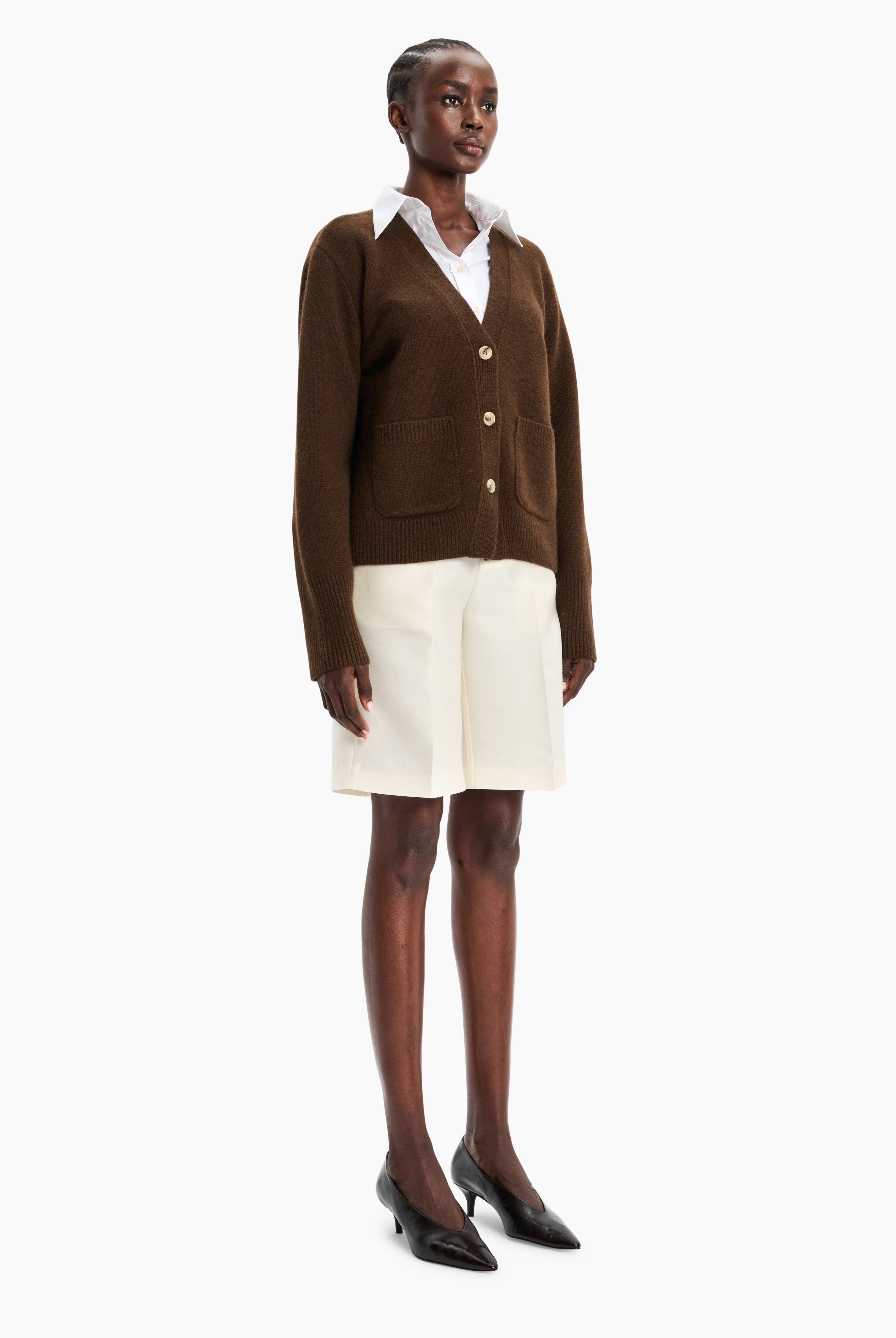 Janelle cashmere Cardigan - Brown Chocolate Marl – side view
