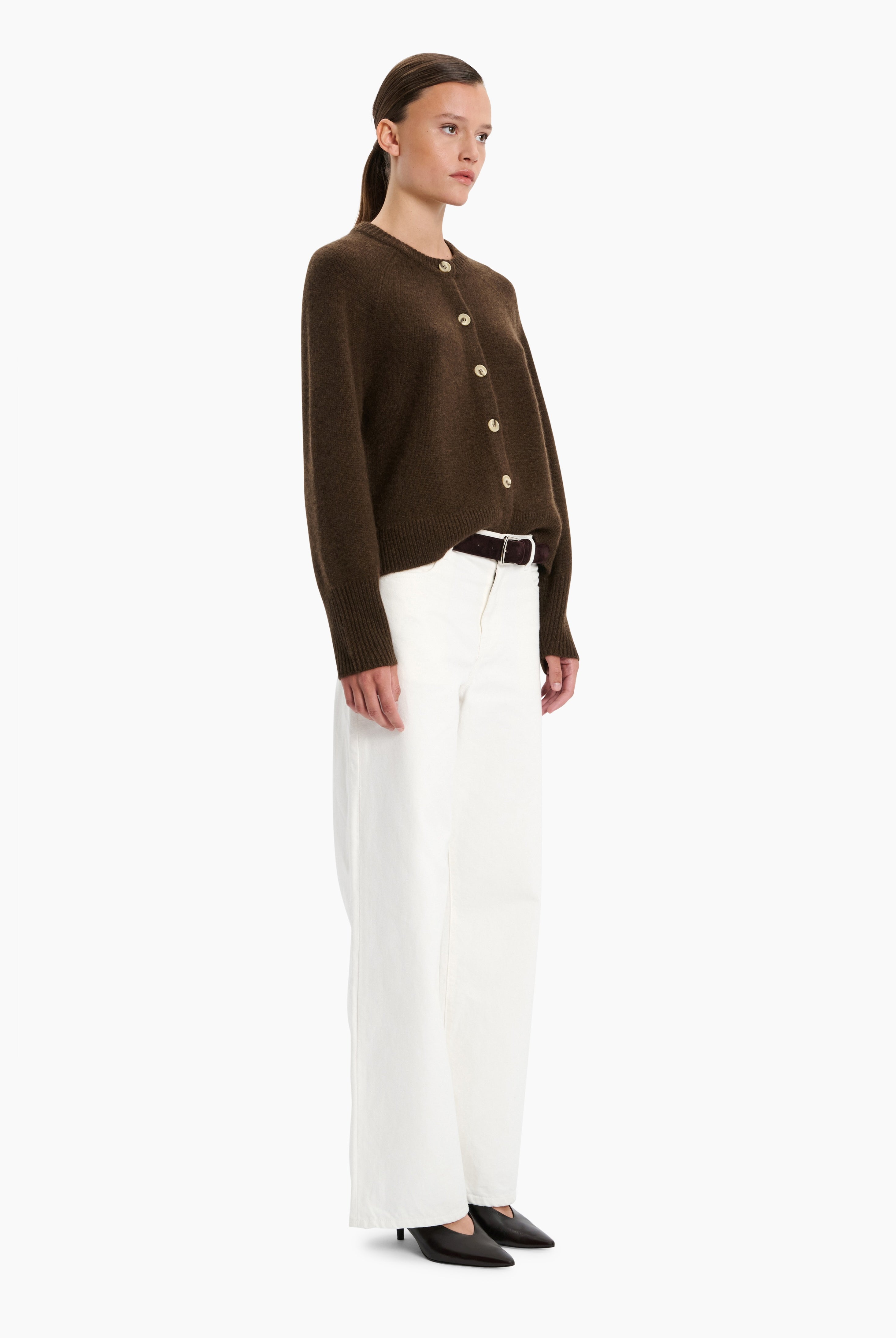 Belgravia cashmere Cardigan - Smoked Brown – side view