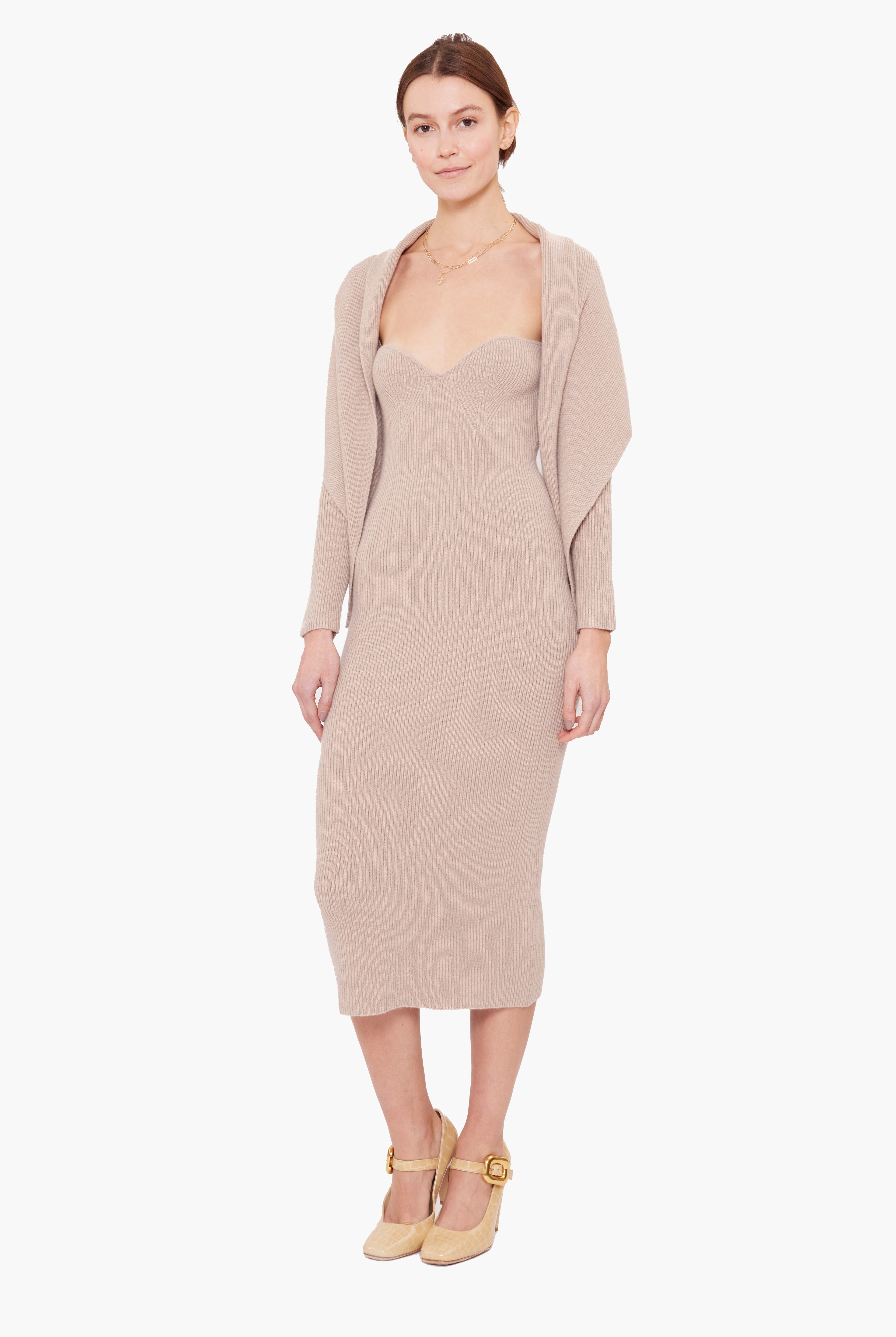 Coco cashmere Dress With Scarf - Fawn – styling shot