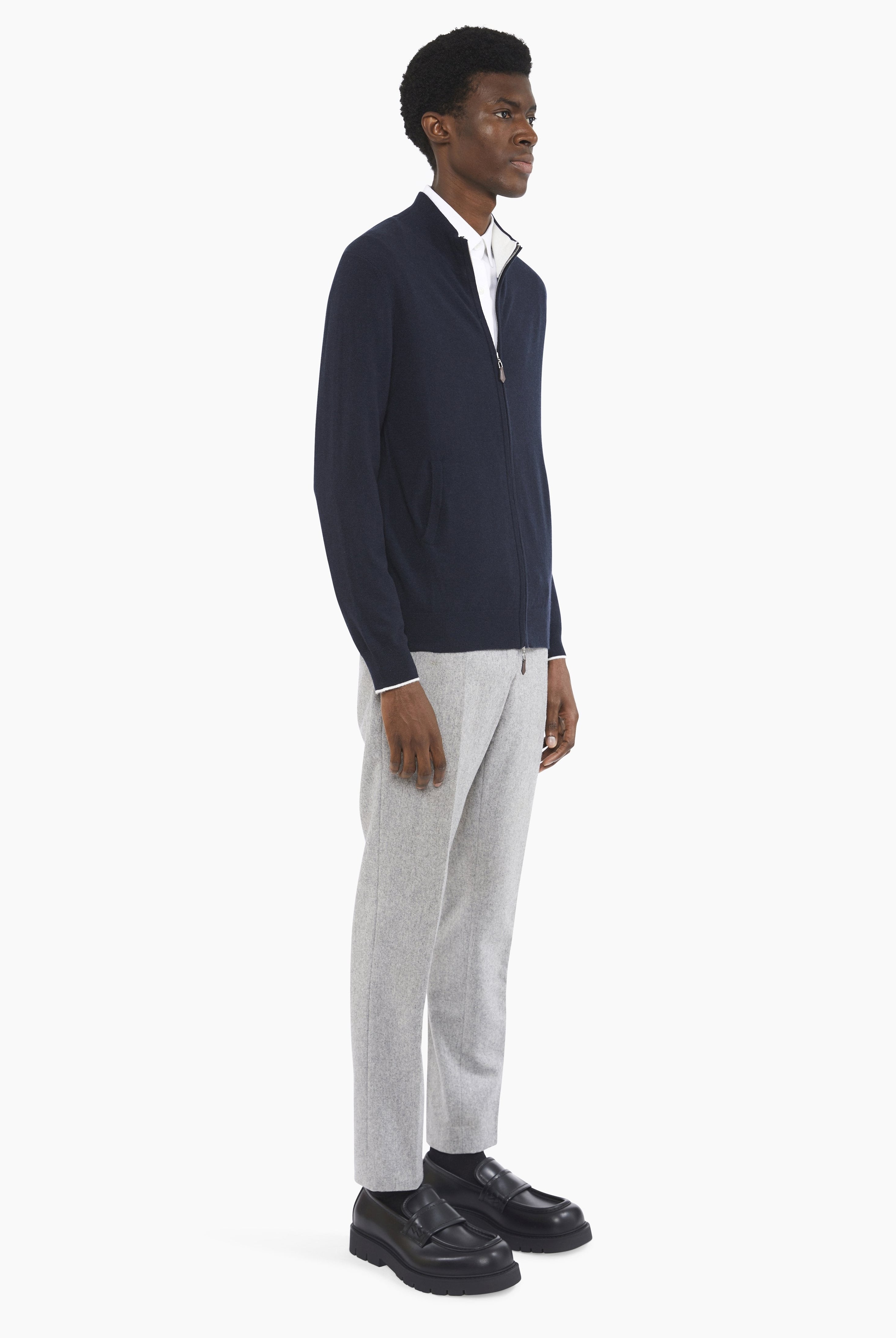 Newquay Full Zip cashmere Cardigan - Navy – side view