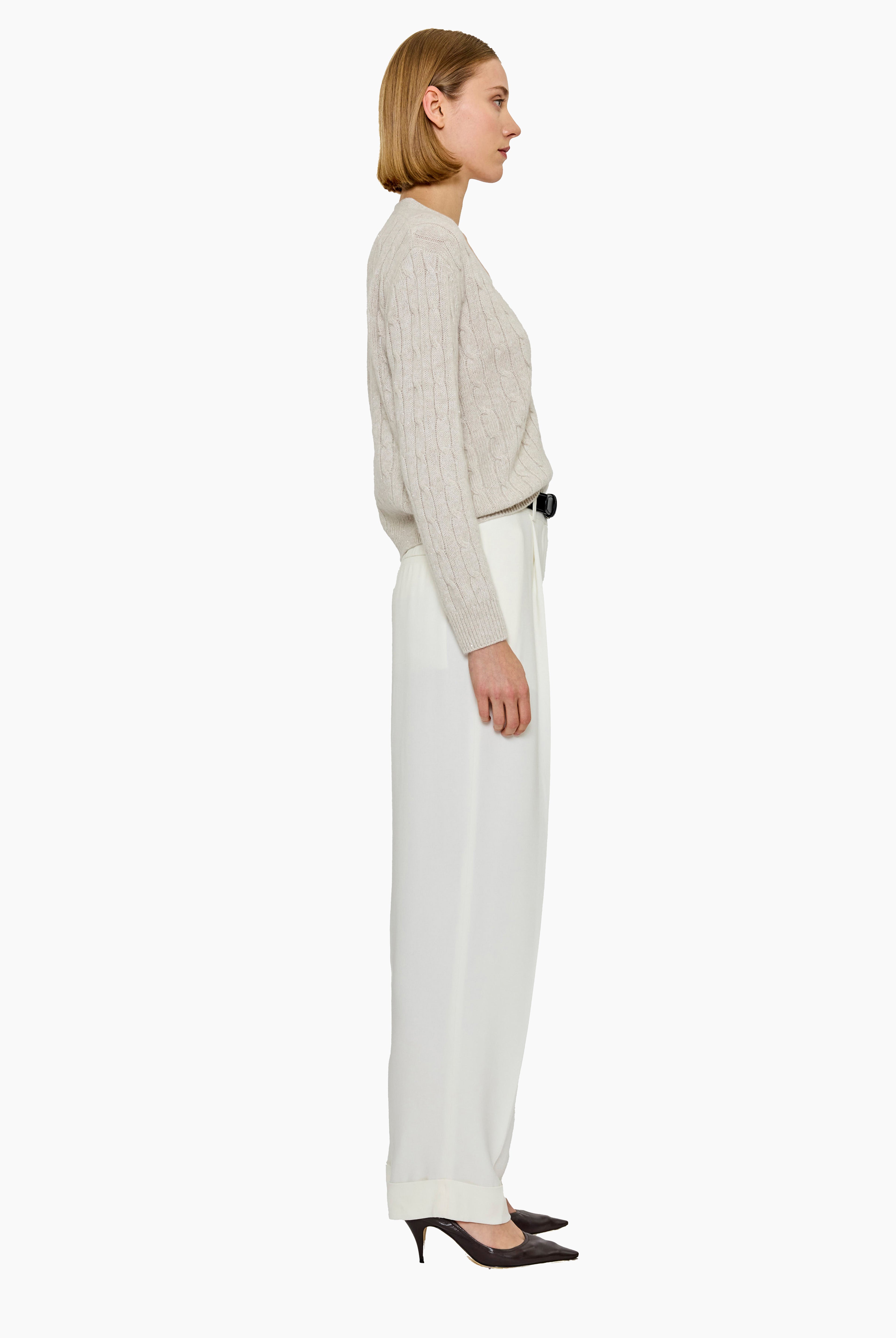 Lane cashmere Cardigan - Chai with Silver Sequins – side view