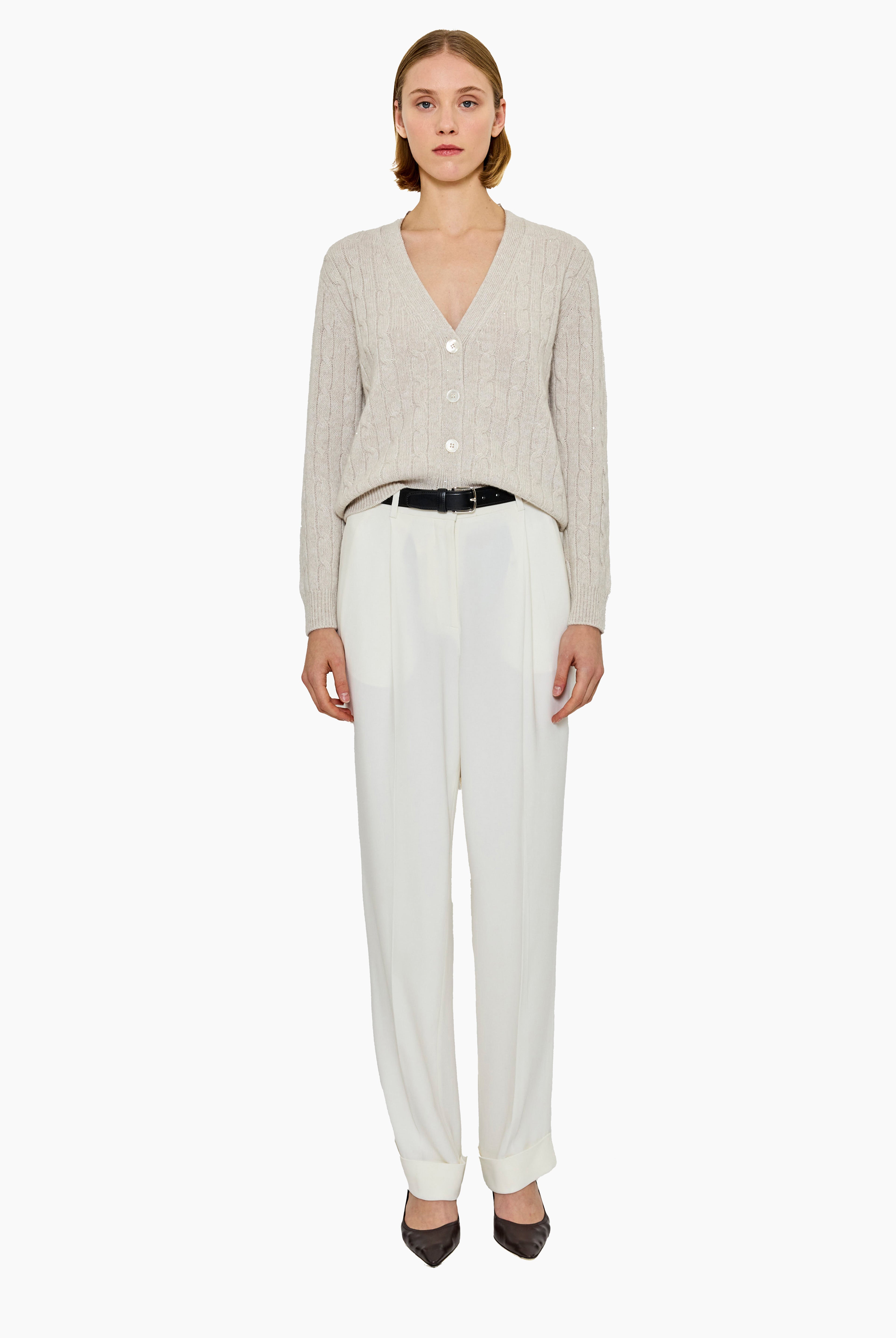 Lane cashmere Cardigan - Chai with Silver Sequins – front view