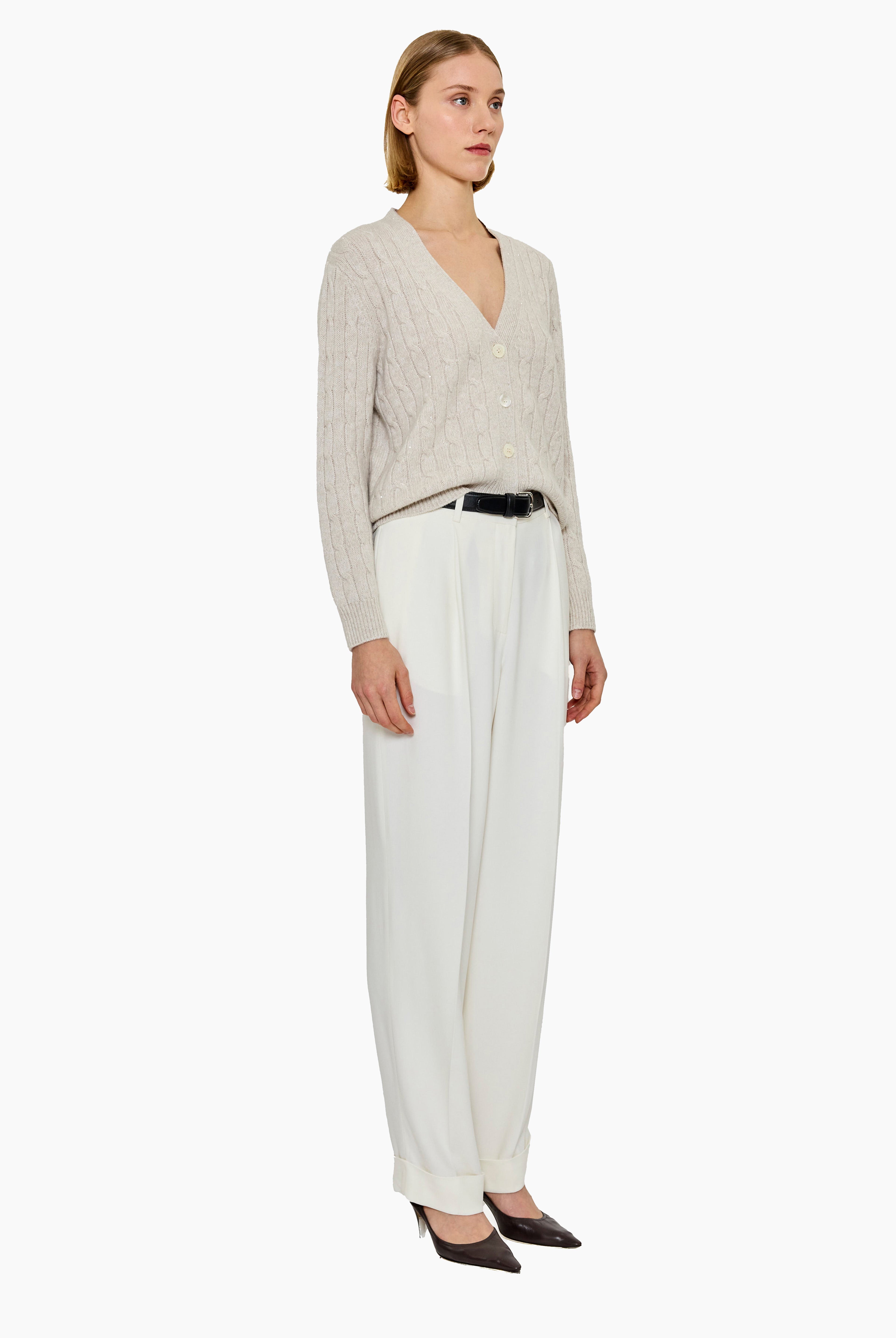 Lane cashmere Cardigan - Chai with Silver Sequins – side view