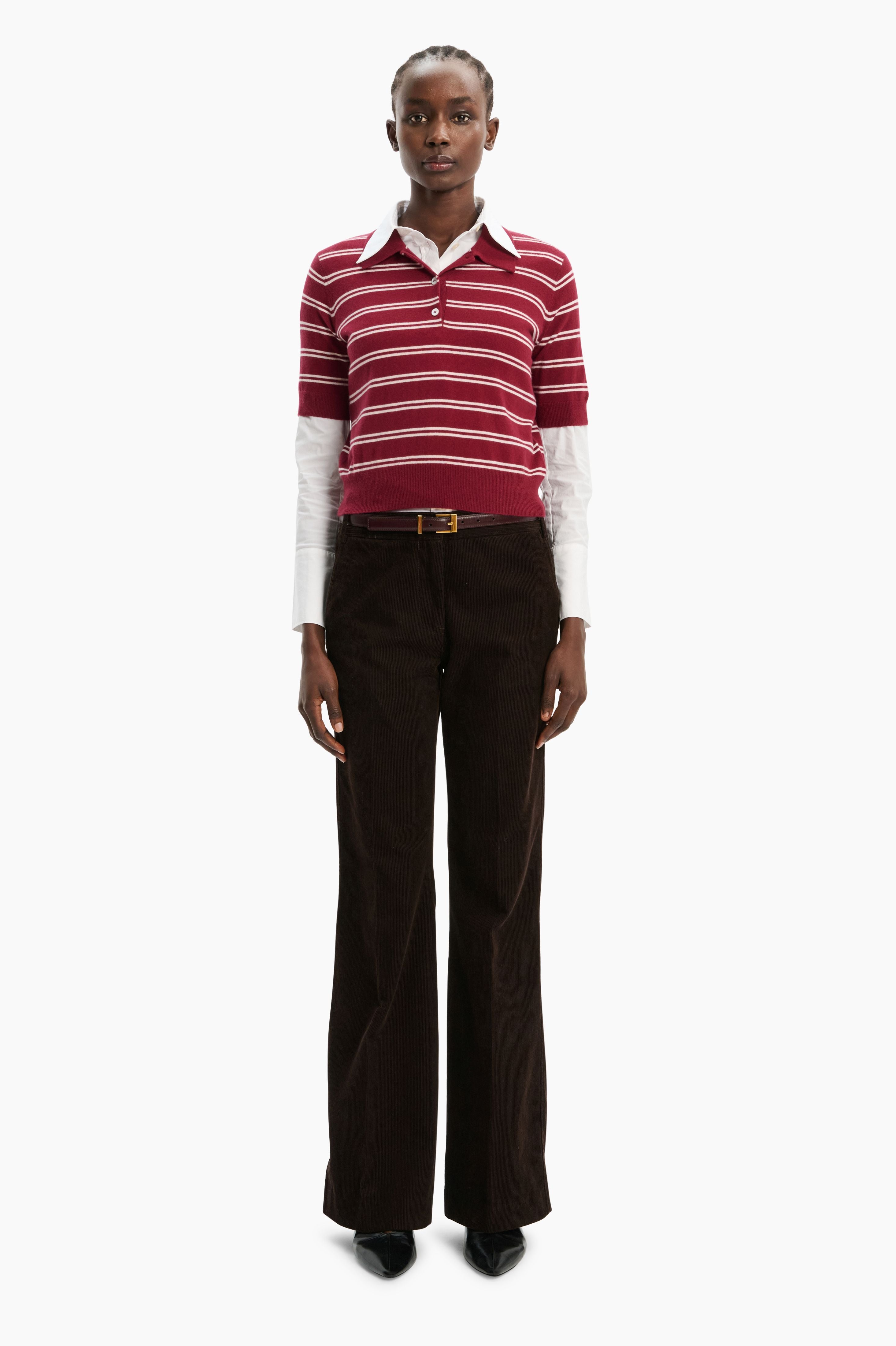 Octavia Polo cashmere Shirt - Maroon Stripes – front view