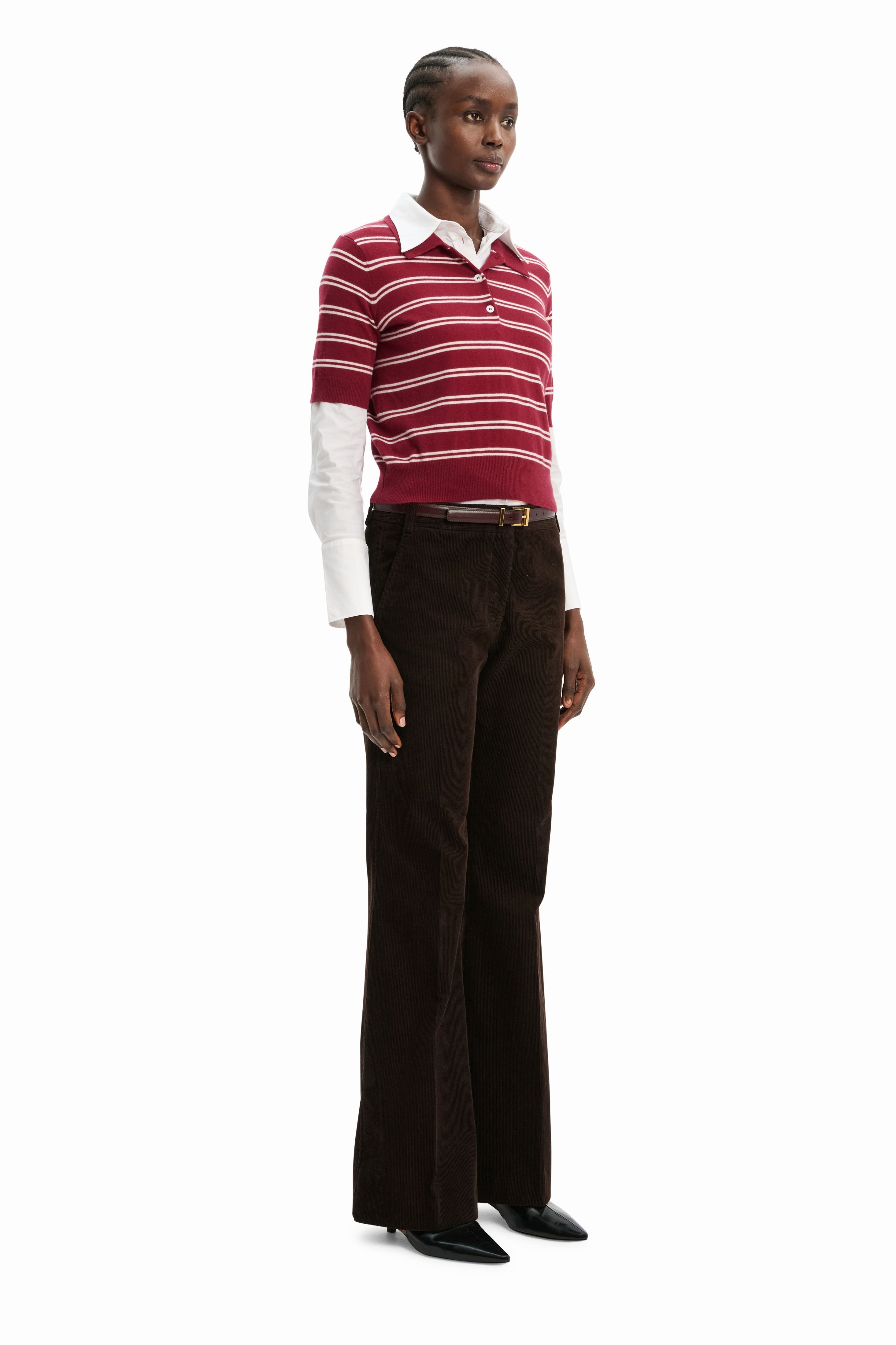 Octavia Polo cashmere Shirt - Maroon Stripes – side view