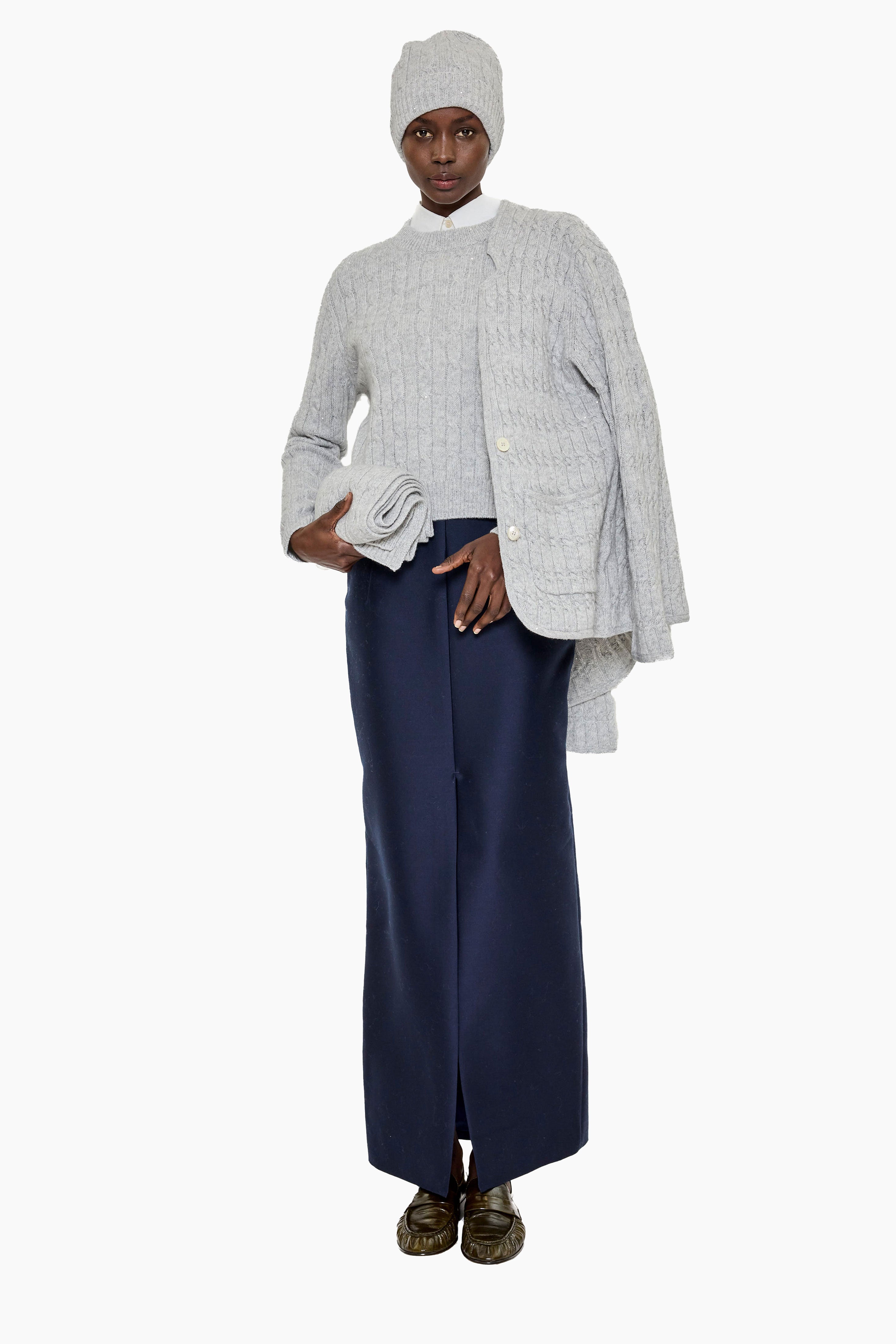 Clover Mews cashmere Sweater - Husky Grey with Silver Sequins – styling shot
